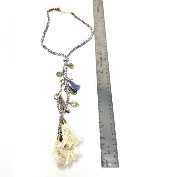 New Free People Coin Tassel Necklace Textile Gold Purple Cream - Picture 7 of 7